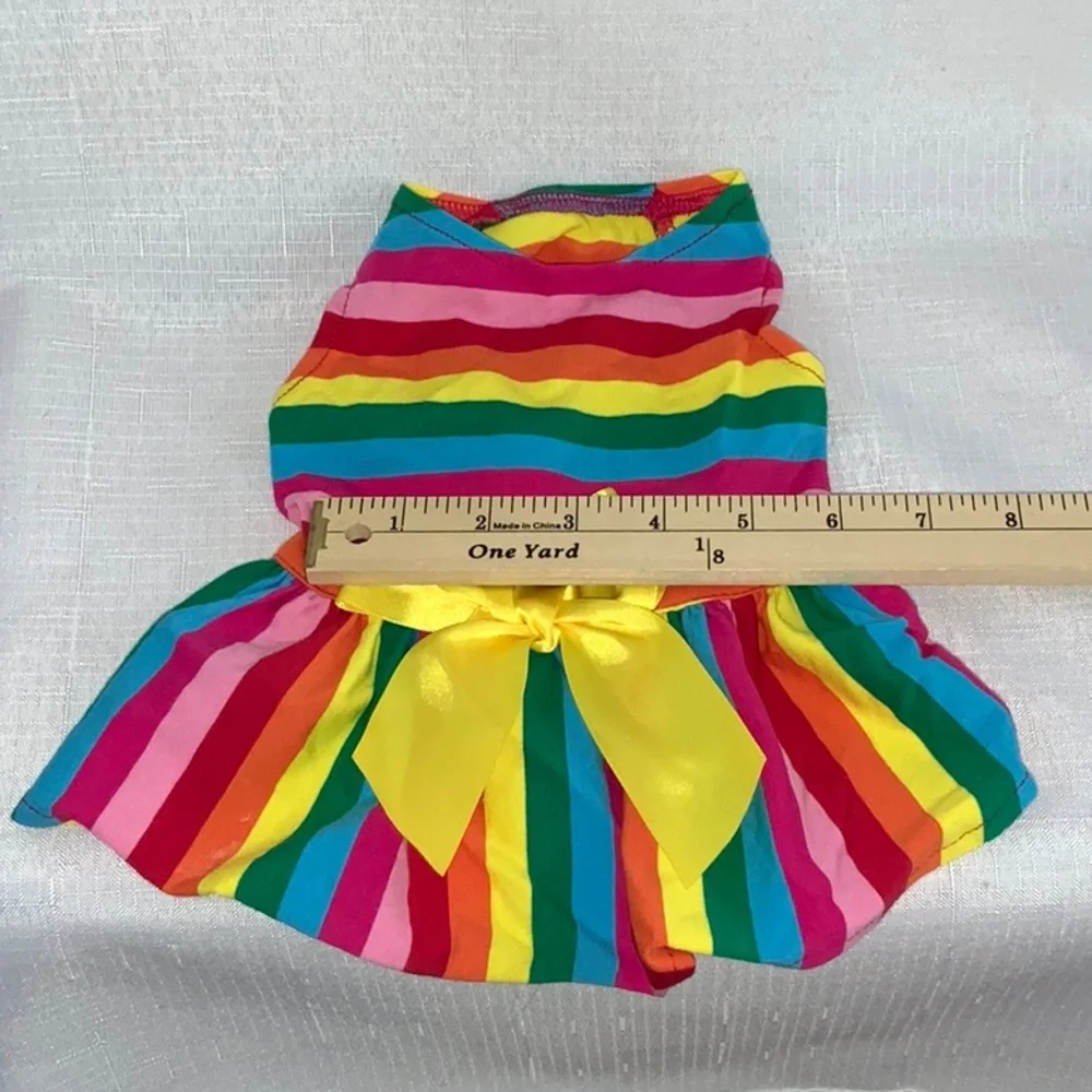 731 10/$50🏄🏻‍♀️ NEW! Small Rainbow Striped Pet Dog Dress with Yellow Bow